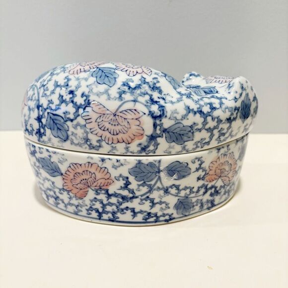 VTG Chinoiserie Ceramic Cat Large Trinket Box Container - Picture 6 of 9